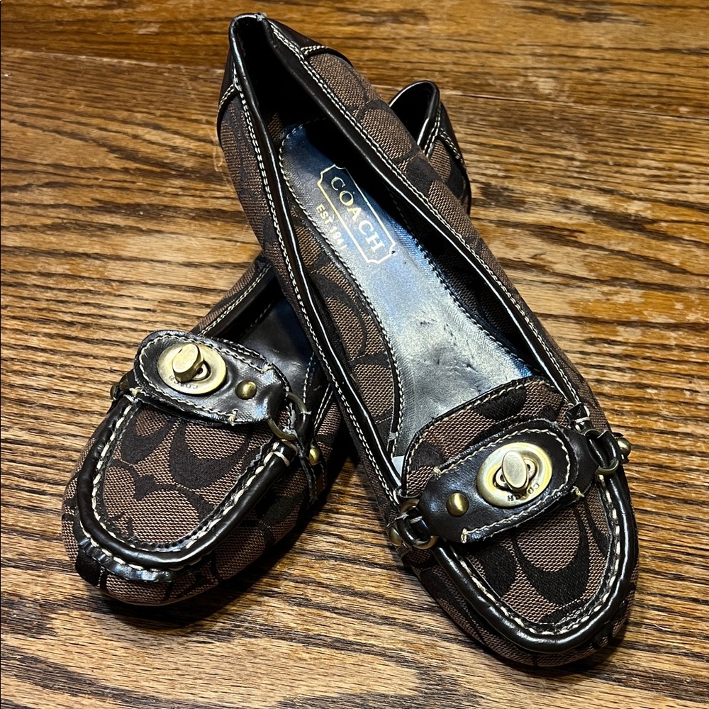 Coach Katrin Signature Canvas Brown Loafers with Gold Buckle